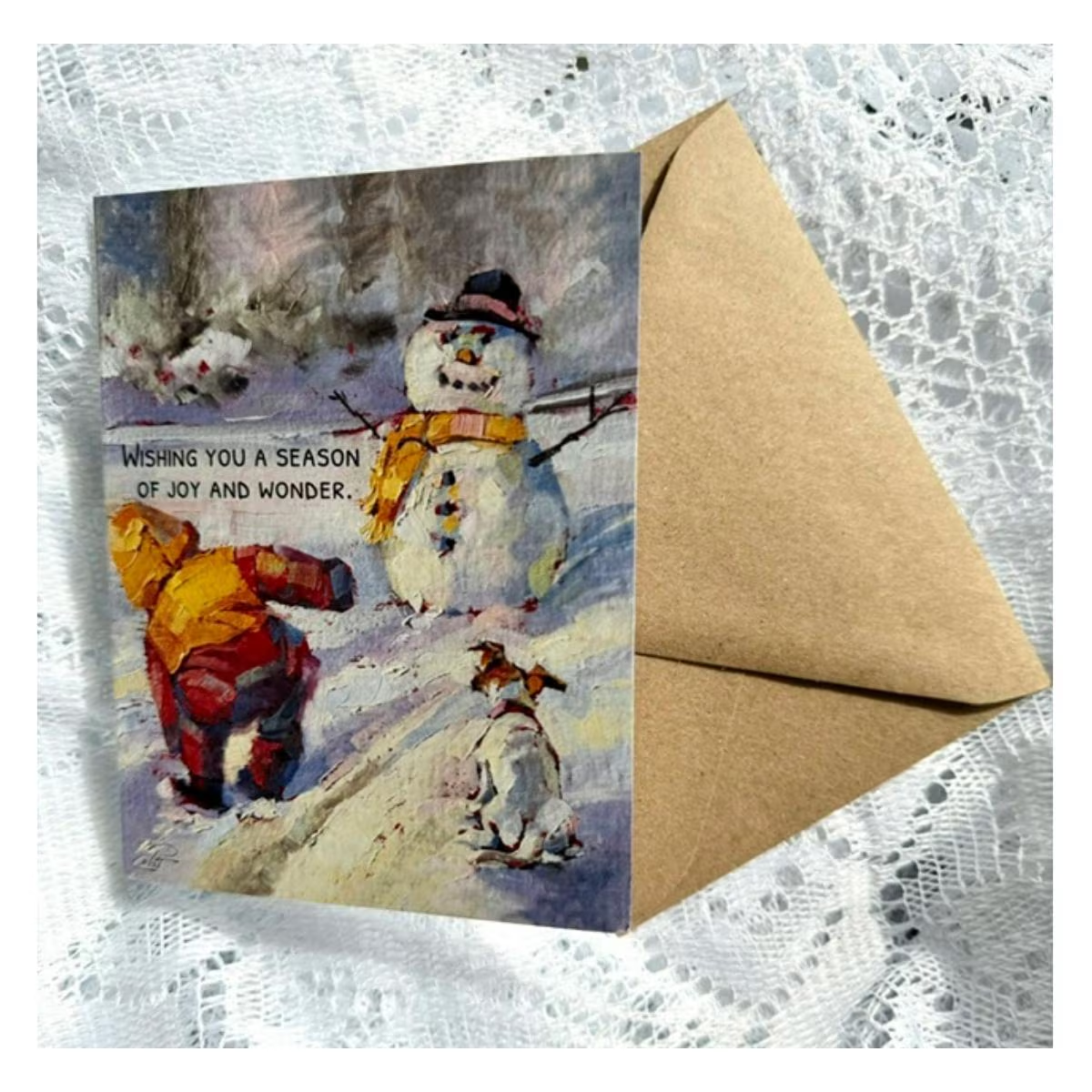 Nostalgic Holiday Card w/ Boy, Snowman, Dog & Inside Message | Single or Boxed Set of 4, 8 or 20