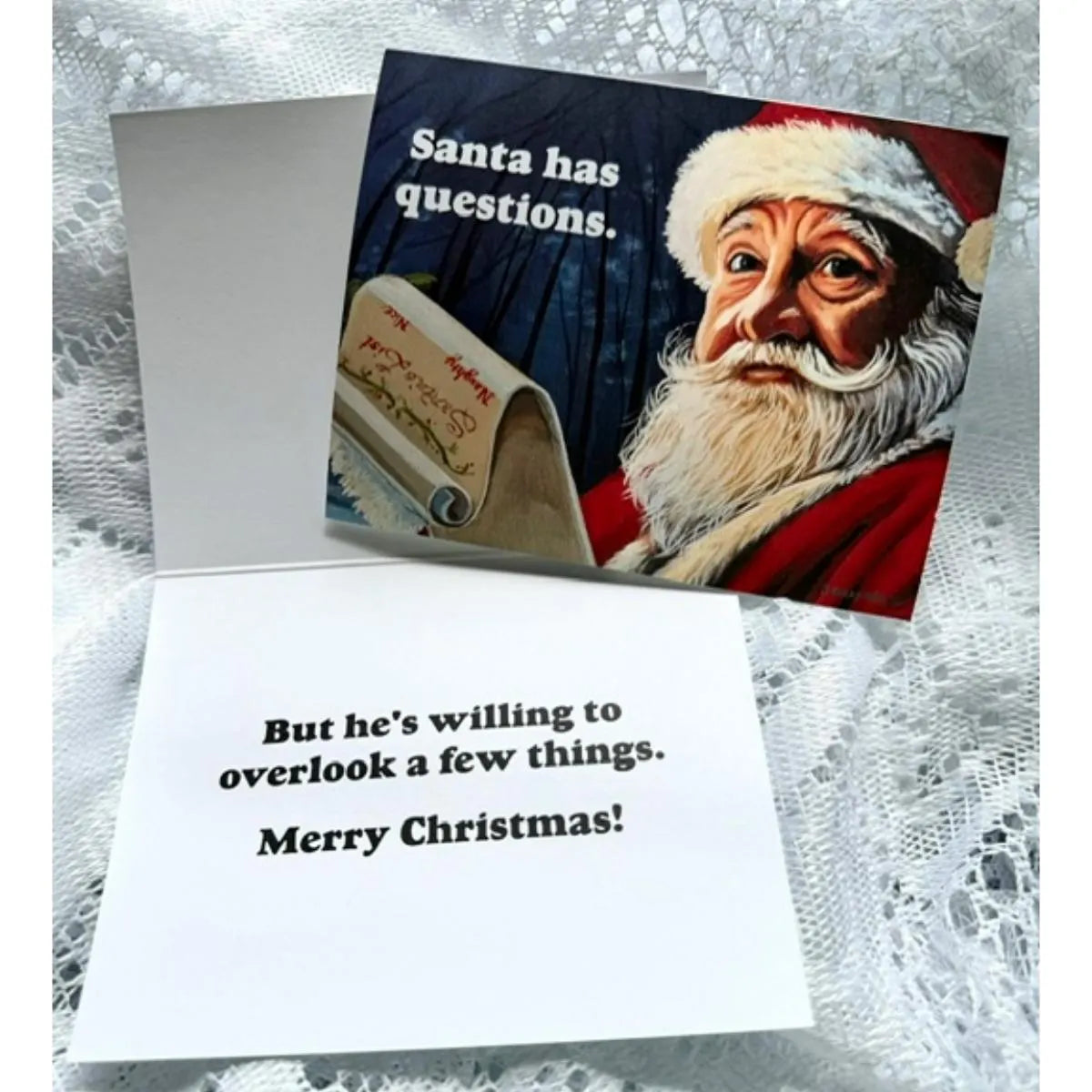 Santa Has Questions Funny Christmas Card w/ Inside Message | Single Card or Boxed Sets of 4, 8 or 20 Cards