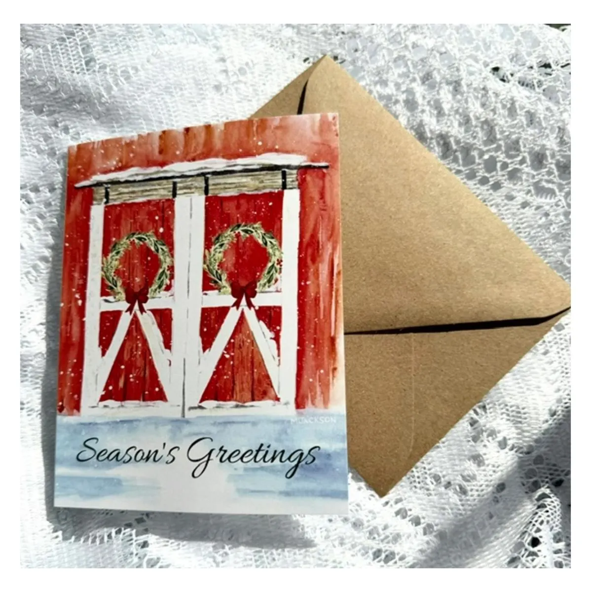 Season's Greetings Holiday Card with Farmhouse Artwork and Inside Message | Single Card or Boxed Set of 4, 8 or 20 Cards
