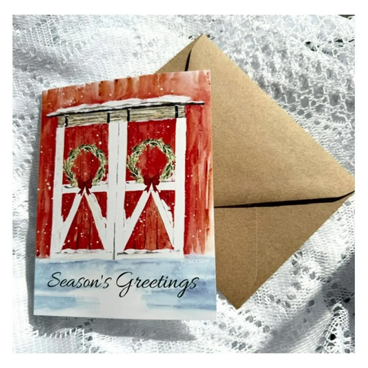 Season's Greetings Holiday Card with Farmhouse Artwork and Inside Message | Single Card or Boxed Set of 4, 8 or 20 Cards