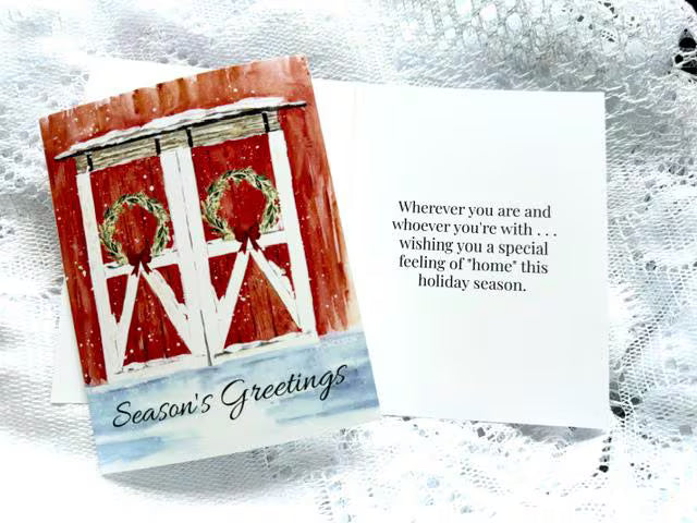 Season's Greetings Holiday Card with Farmhouse Artwork and Inside Message | Single Card or Boxed Set of 4, 8 or 20 Cards