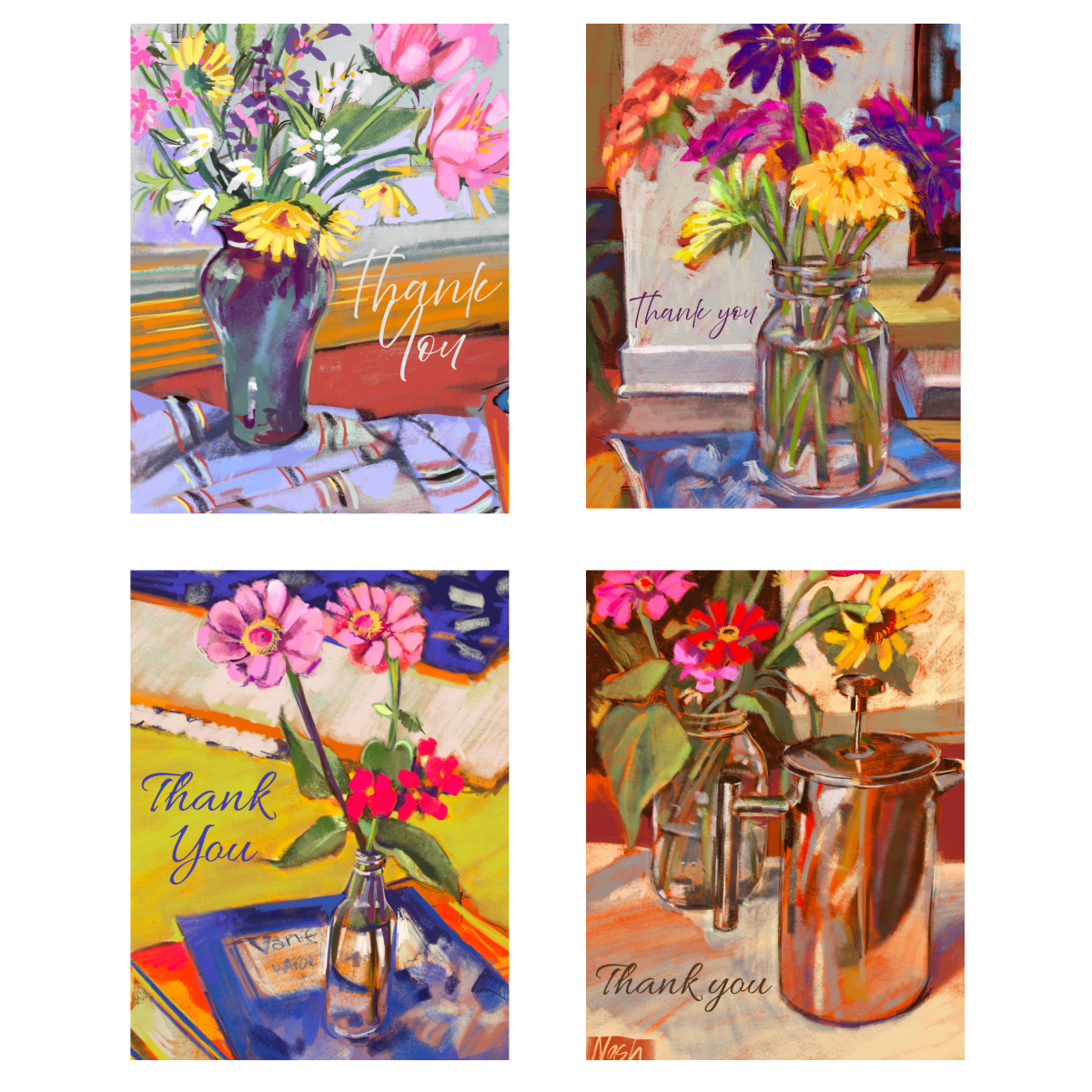 Floral Bouquet Thank You Card Set – Four Blank Cards