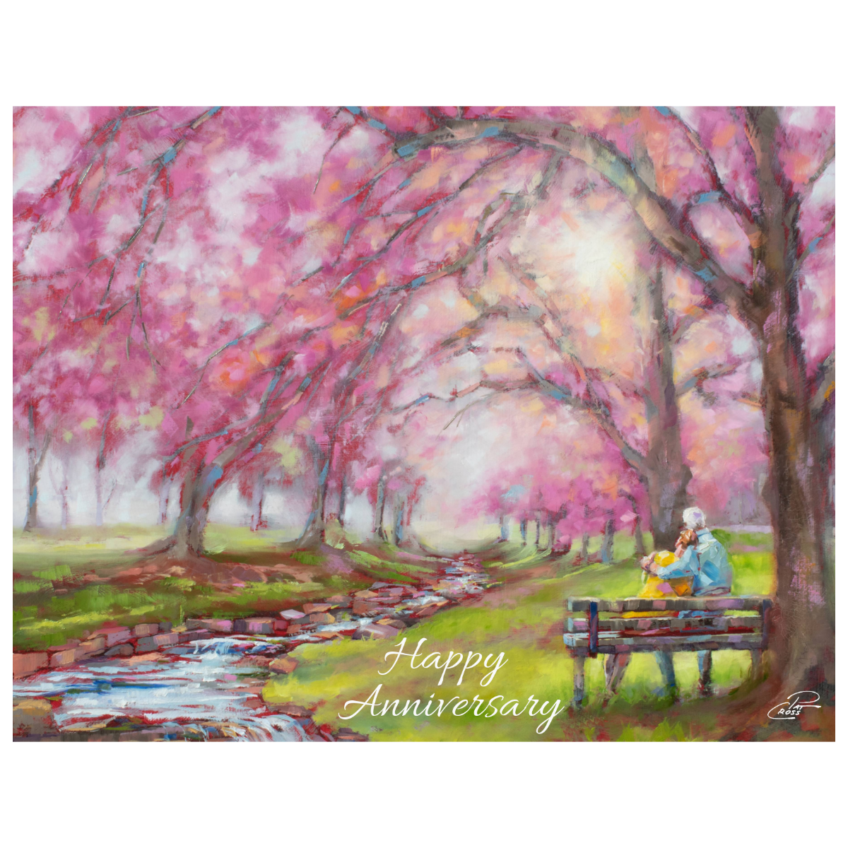 Happy Anniversary Card w/ Couple on Bench in Park |  Single Card or Set of 4, 8 or 20