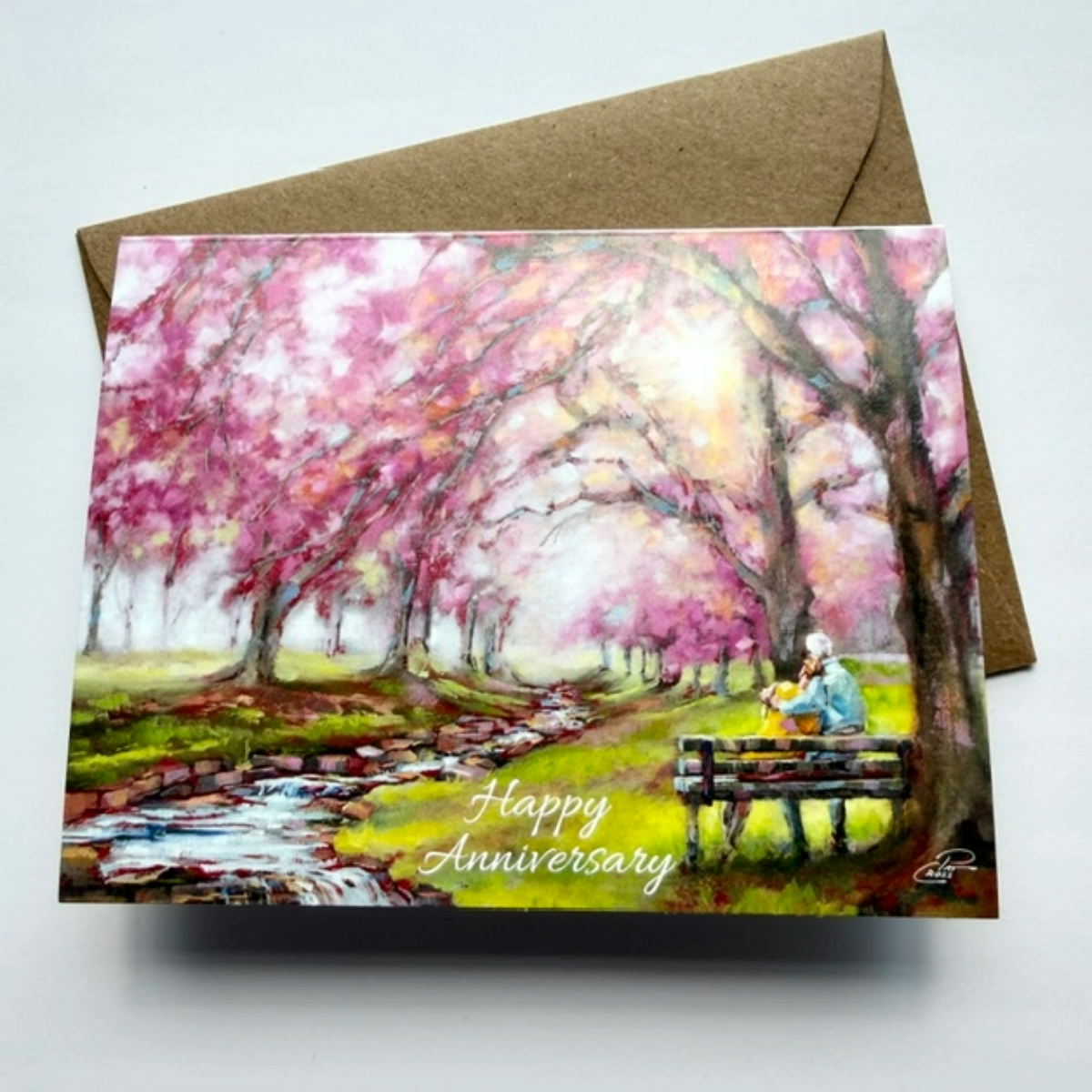 Happy Anniversary Card w/ Couple on Bench in Park |  Single Card or Set of 4, 8 or 20