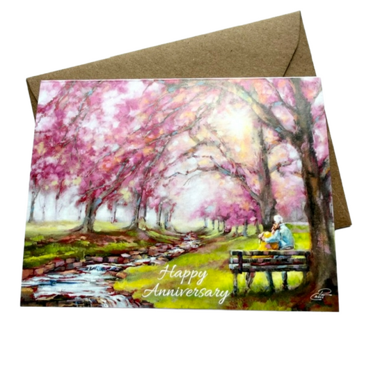 Happy Anniversary Card w/ Couple on Bench in Park |  Single Card or Set of 4, 8 or 20