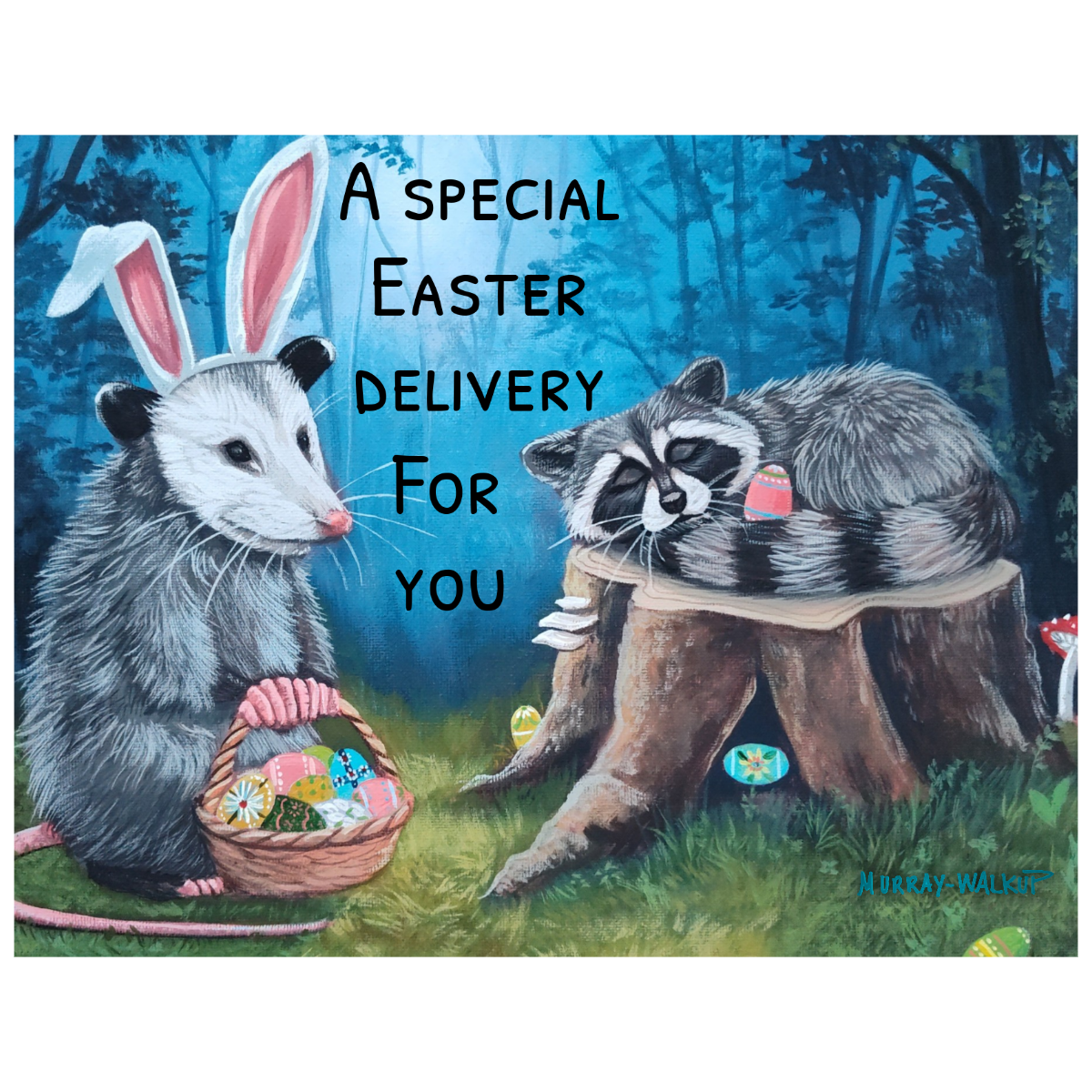 Whimsical Opossum "Bunny" & Raccoon Easter Greeting Card