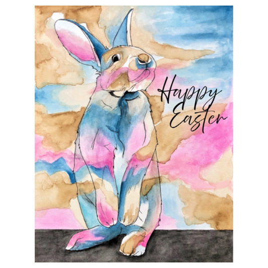 Whimsical Pink & Blue Easter Bunny Greeting Card