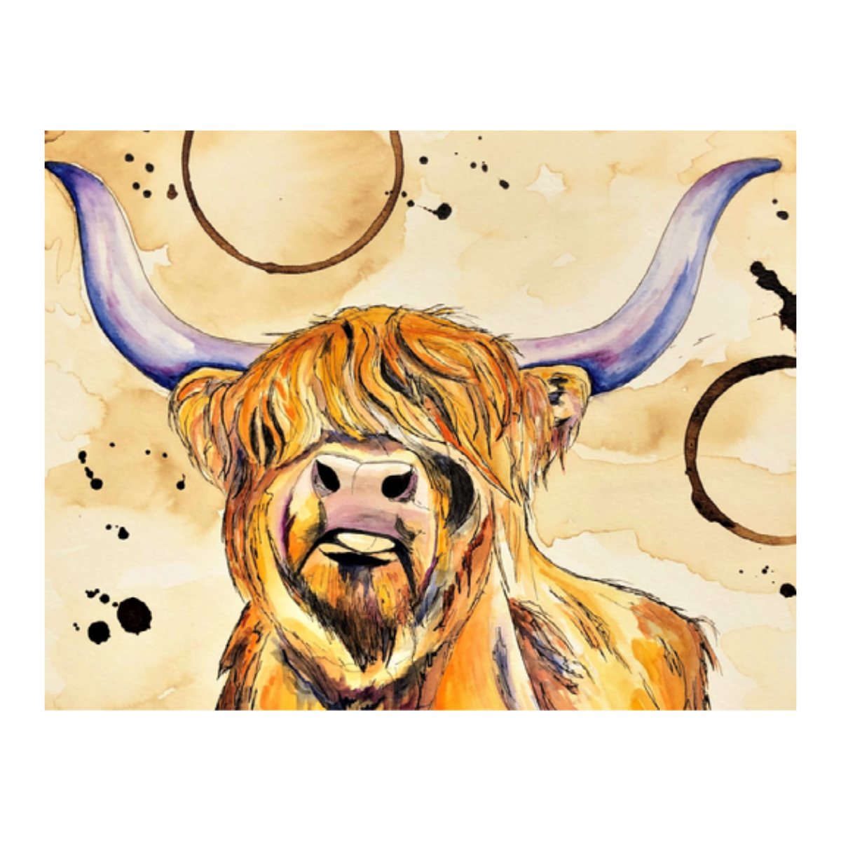 Whimsical Highland Cow Notecard | Single Card of Set of 4, 8 or 20