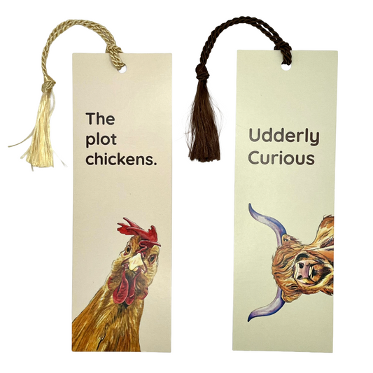 Bookmark w/ Chicken (Rooster) or Highland Cow Artwork | Double-Sided w/ Tassel & Funny Message