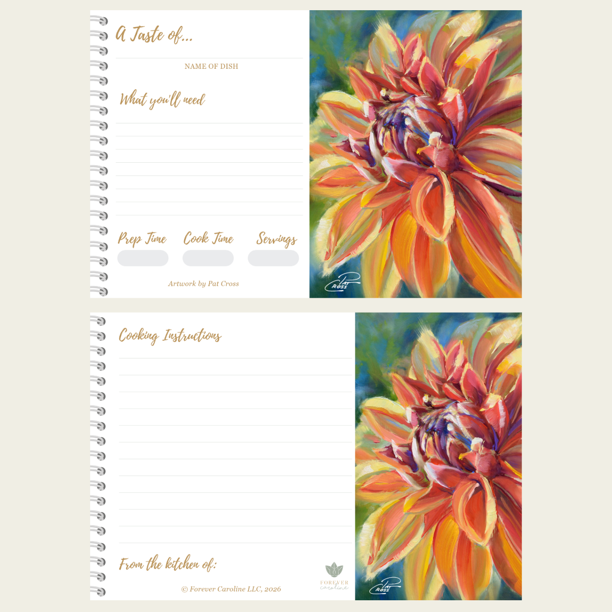 Recipe Cards Gift Set w/ Elegant Orange Dahlia Artwork | 10, 20 or 50 Cards