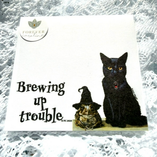 Sticky Notes w/ Witchy Cat and Toad Art - "Brewing Up Trouble"