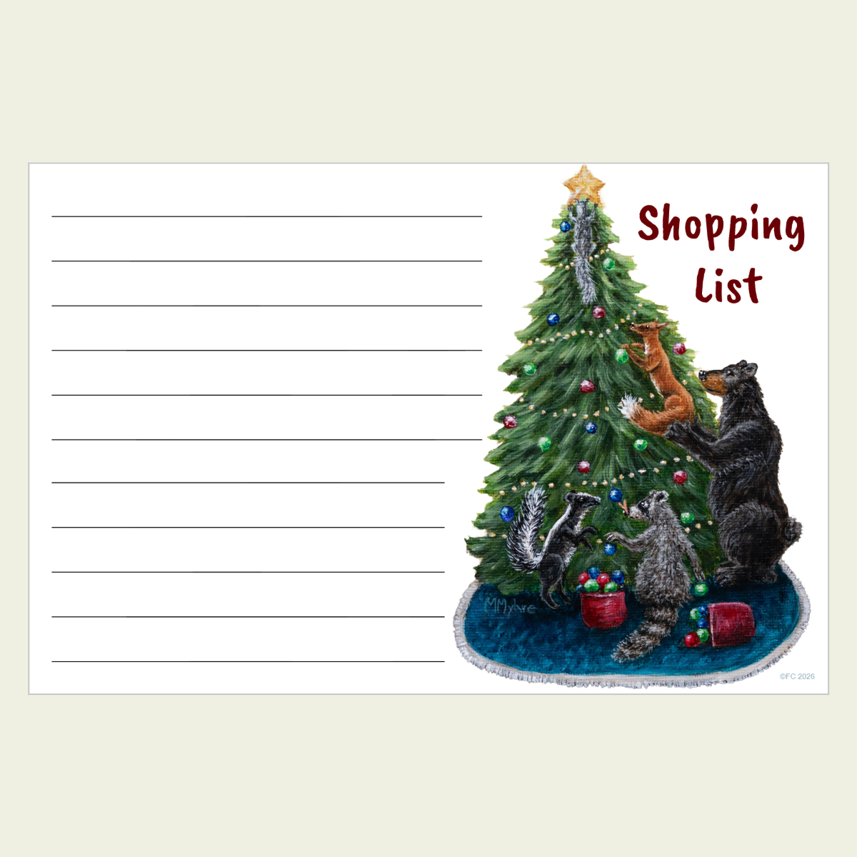 Holiday Shopping List Notepad | Wildlife Christmas Tree Artwork