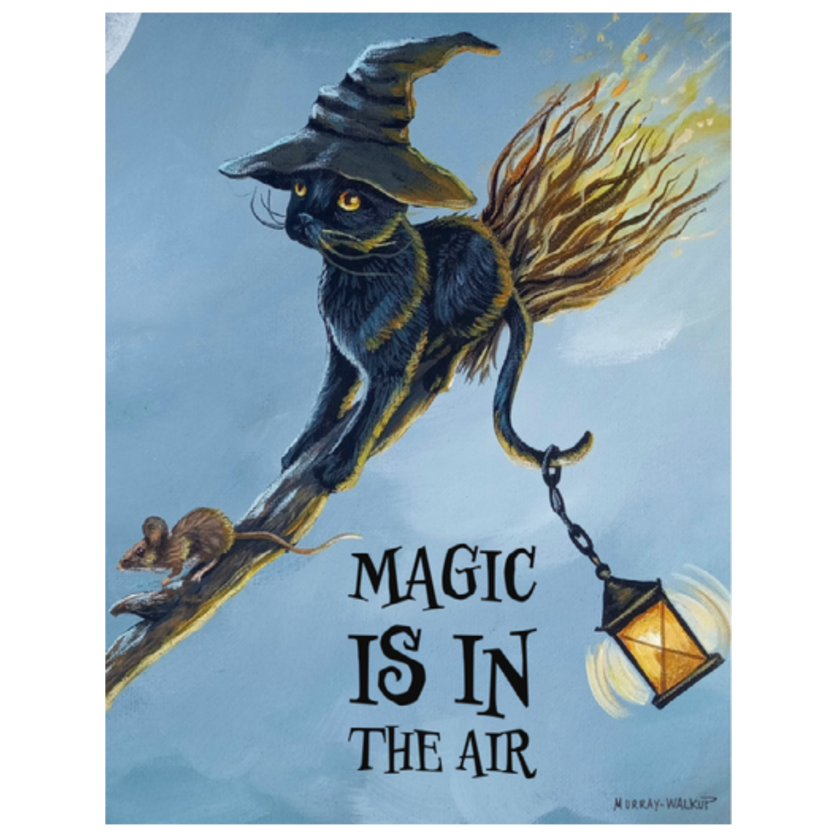 Halloween Black Cat on Broomstick Greeting Card | "Magic is in the Air"
