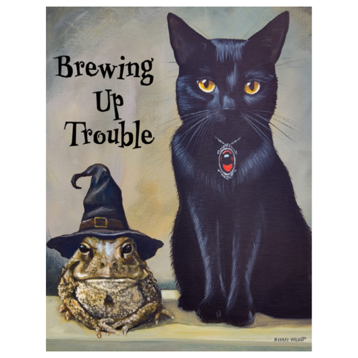 Halloween Black Cat & Witchy Toad "Trouble" Greeting Card