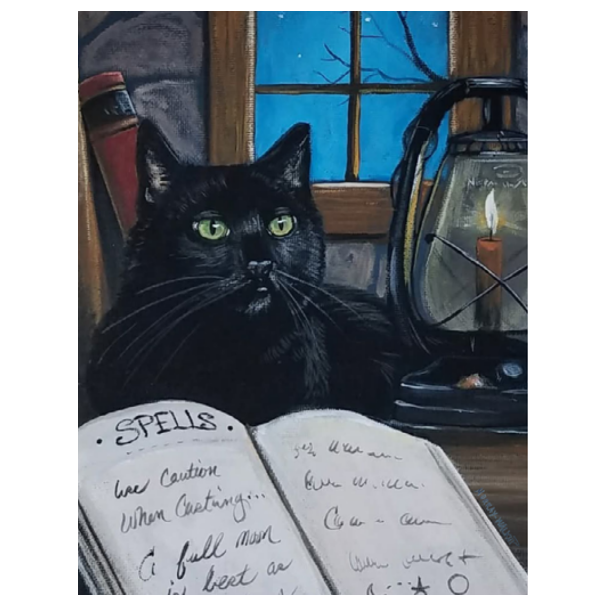 Halloween Greeting Card with Black Cat & Witchy Spell Book