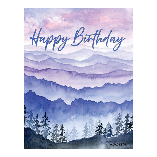 Watercolor Mountain Landscape Happy Birthday Greeting Card | Single or Boxed Set of 4, 8 or 20